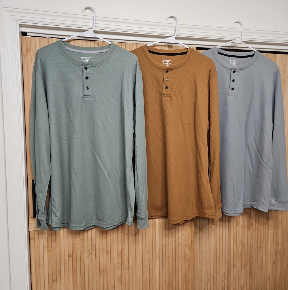 Liberty Pro Men's Henley Long Sleeve Shirt Trio — Sage Green, Camel, Light Gray